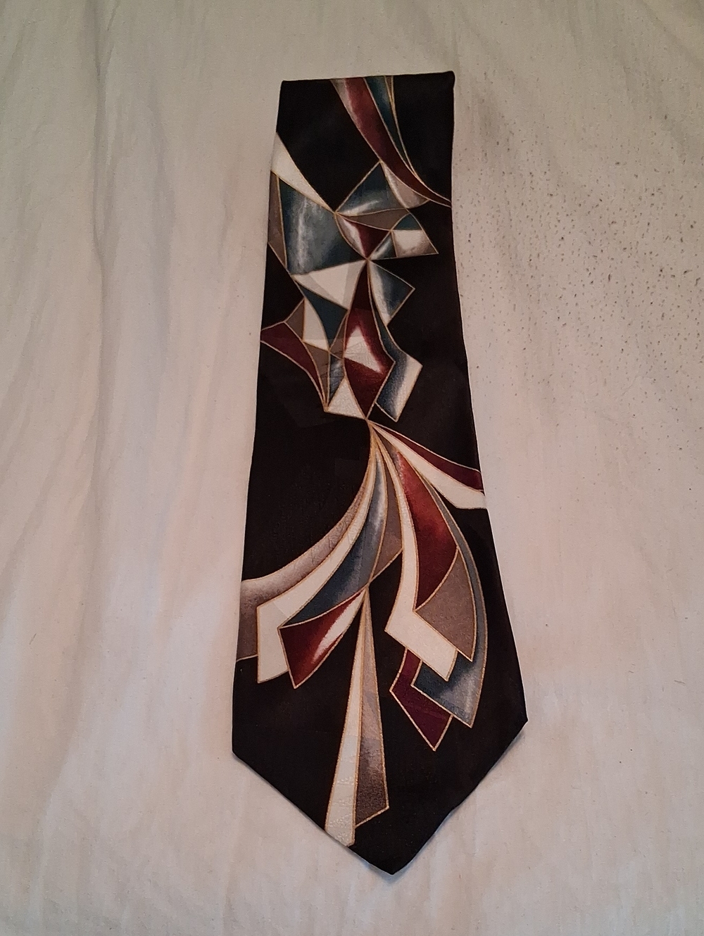 Vintage Bellini Men's Black Geometric Pattern Tie with Multicolor Accents